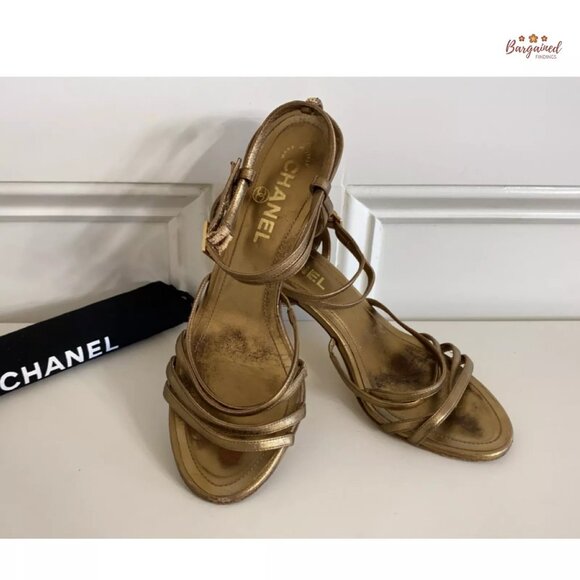 Authentic CHANEL Gold Metallic Leather CC Logo Ankle Strap High Heel Pumps 36.5 - Picture 12 of 13